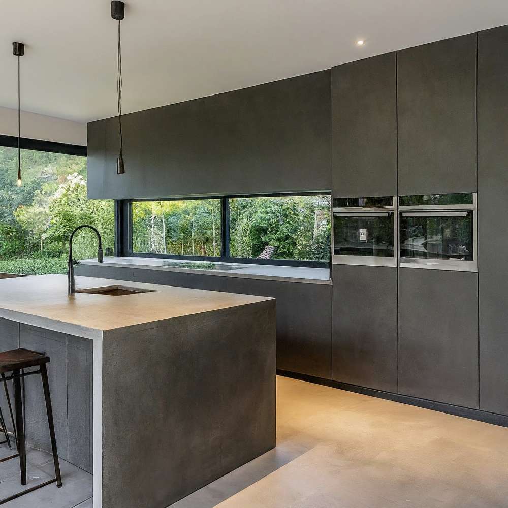 Microcement Polished Kitchen Beige Microcement Polished Finished Floor used in Kitchen with Beige color pigment.